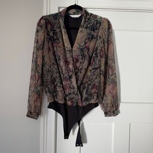 Lauren Conrad bodysuit blouse with v neck wrap front and button sleeves